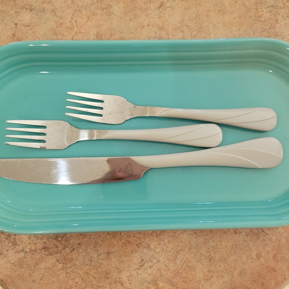 Fiesta Pearl Gray Flatware ~ Knife & 2 Small Forks ~ Retired Swirl ~ Post 86